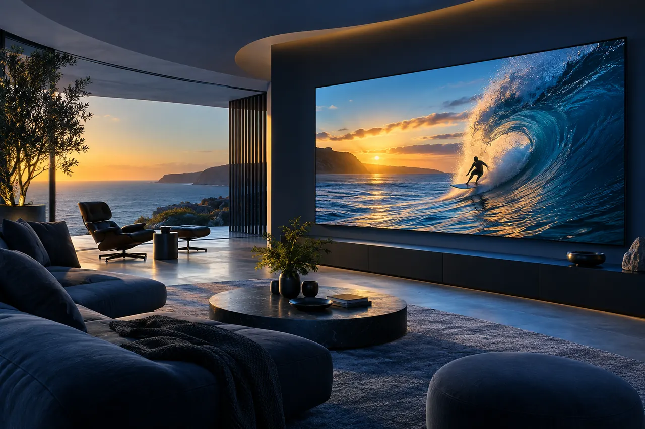 Televisão em uma sala contemporânea mostrando uma cena de surfe no oceano.