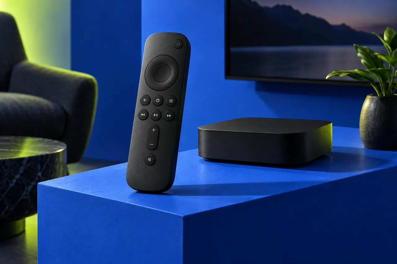 Controle remoto e dispositivos para reprodução de vídeo sobre uma base azul.