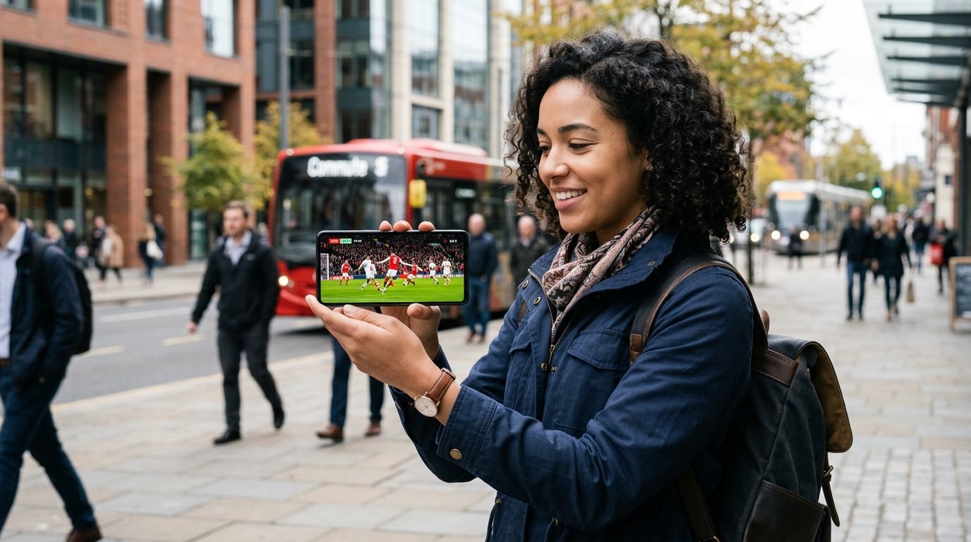 Pessoa assistindo jogo de futebol ao vivo no celular durante teste iptv 6 horas