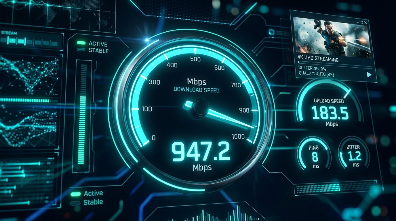 Dashboard de velocidade mostrando alta performance de internet necessária para o teste iptv 6 horas