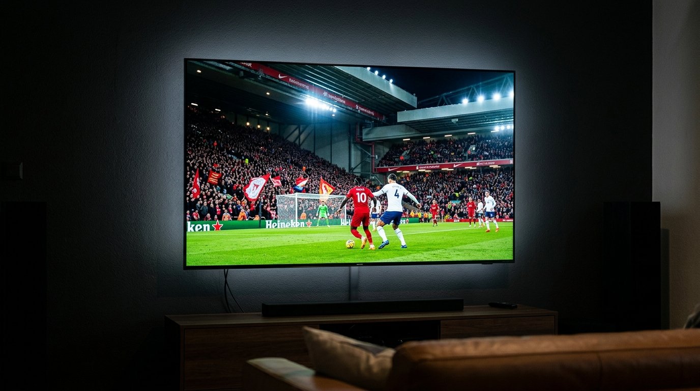 TV exibindo partida de futebol ao vivo em alta definição durante teste iptv 6 horas no horário de pico