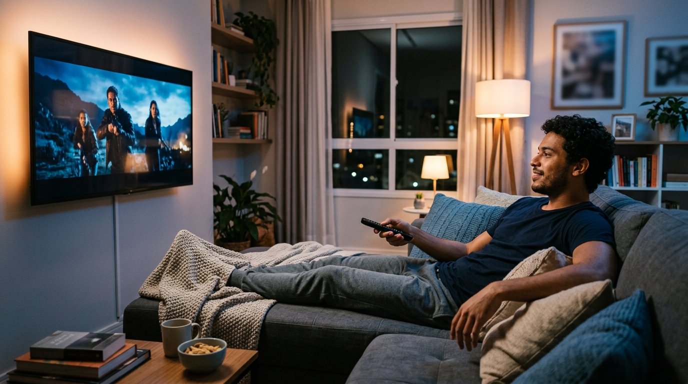 Pessoa relaxada no sofá assistindo série na Smart TV durante o período do teste iptv 7 dias