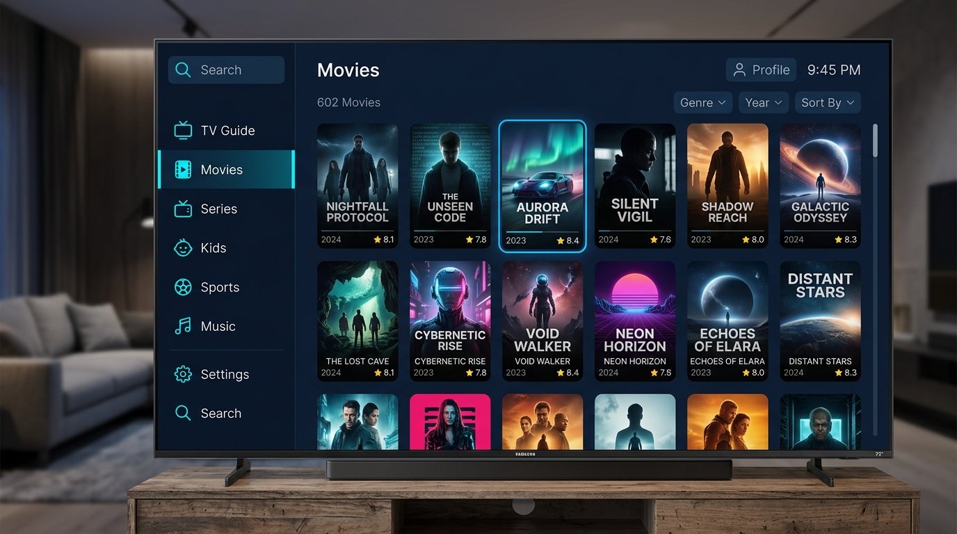 Interface moderna do player XCIPTV rodando em uma Smart TV Android durante o teste xciptv